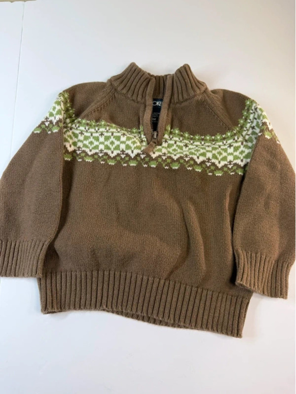 Vintage Y2K Cherokee Baby Boys Size 18M Brown Fair Isle Quarter Zip Sweater